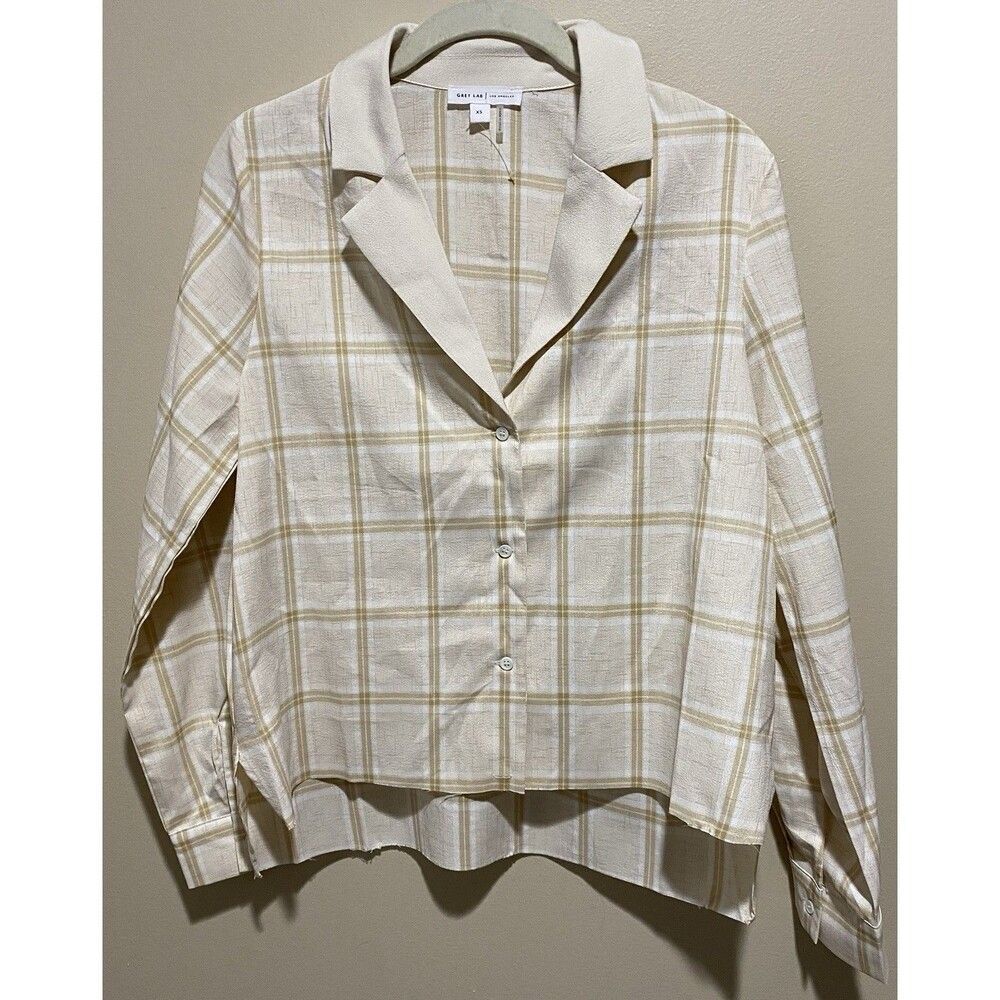 Grey Lab Anthropologie Plaid Shirt Women's XS Beige Button Front Collared Blouse